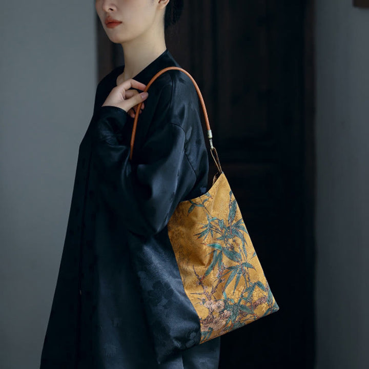 Borsa a tracolla con Buddha Stones di bambù, fiori, farfalle, cachi