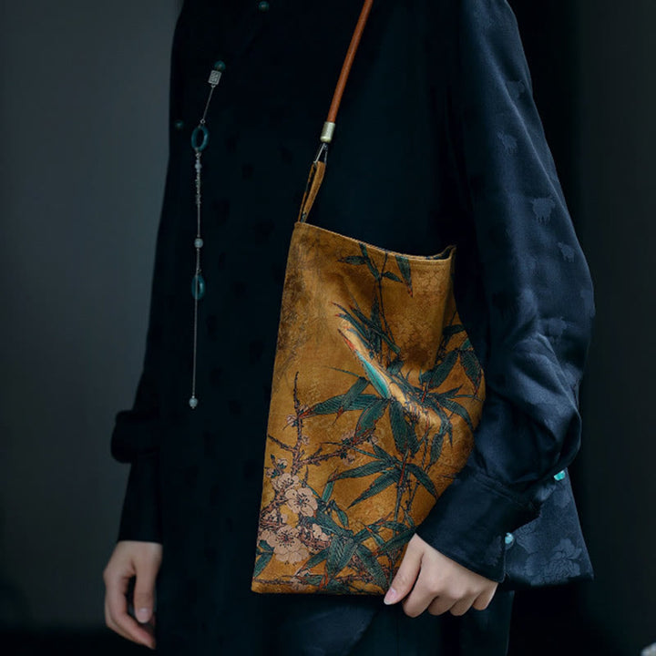 Borsa a tracolla con Buddha Stones di bambù, fiori, farfalle, cachi