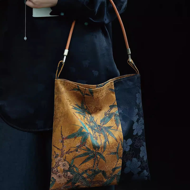 Borsa a tracolla con Buddha Stones di bambù, fiori, farfalle, cachi