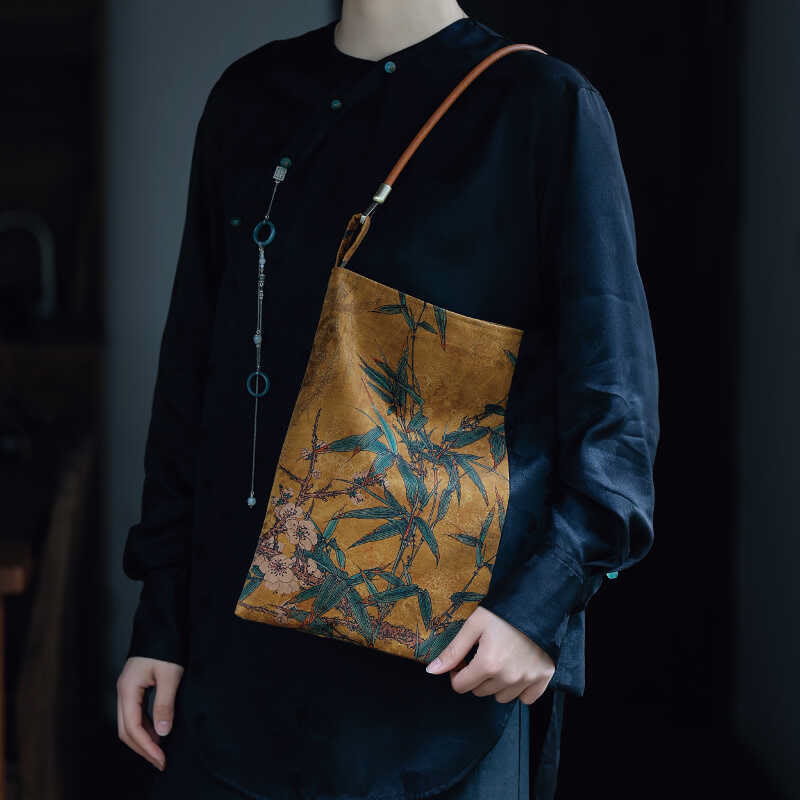 Borsa a tracolla con Buddha Stones di bambù, fiori, farfalle, cachi