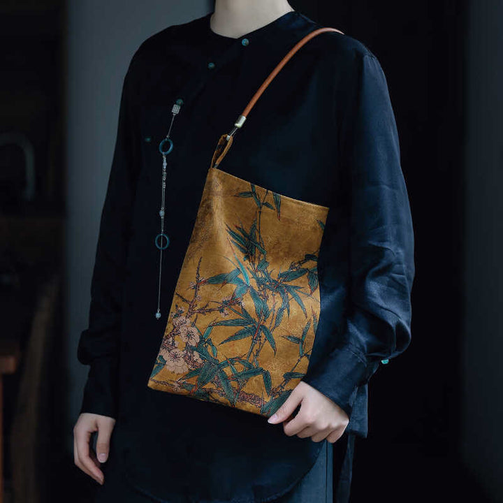 Borsa a tracolla con Buddha Stones di bambù, fiori, farfalle, cachi