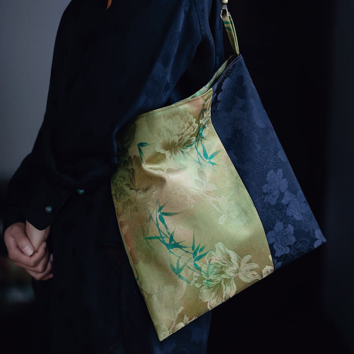 Borsa a tracolla con Buddha Stones di bambù, fiori, farfalle, cachi