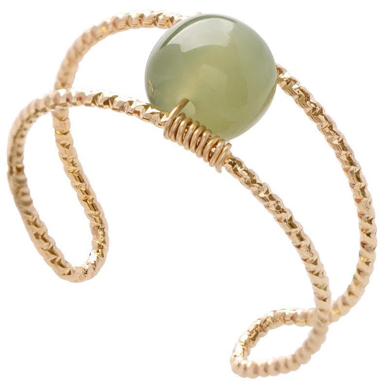 Anello regolabile con perle di giada rotonde in Buddha Stones e doppio strato di rame