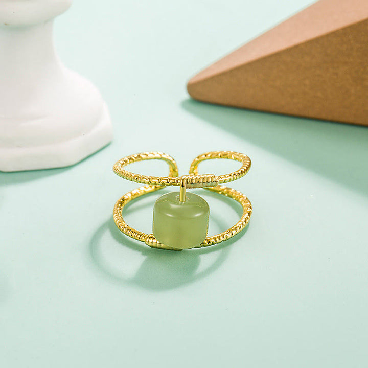 Anello regolabile con perle di giada rotonde in Buddha Stones e doppio strato di rame
