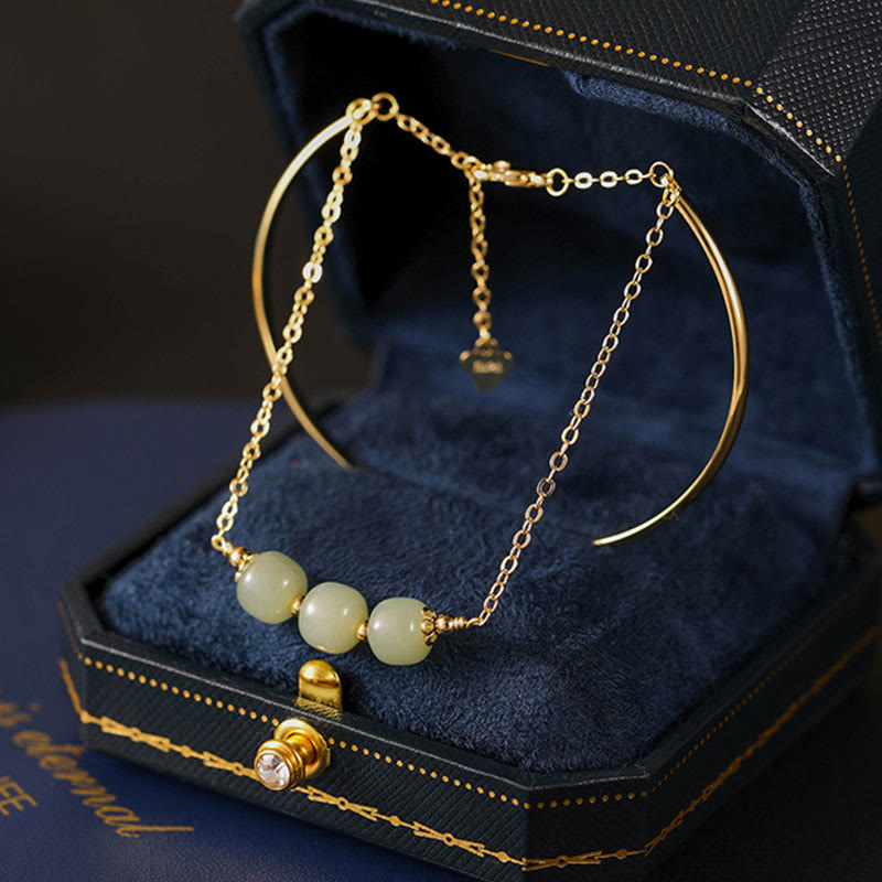 Braccialetto con perline di giada Hetian placcato in oro e rame, a doppio strato, Buddha Stones