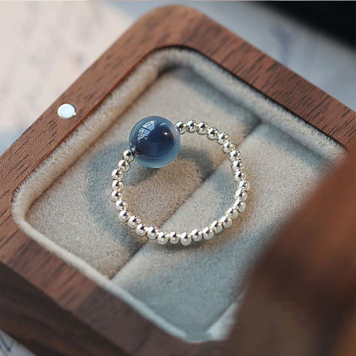 Anello con perline curative in agata blu caramellata in argento sterling 925 Buddha Stones - Diametro interno 1,7 cm (corda elastica)/US5-US7 - image 0