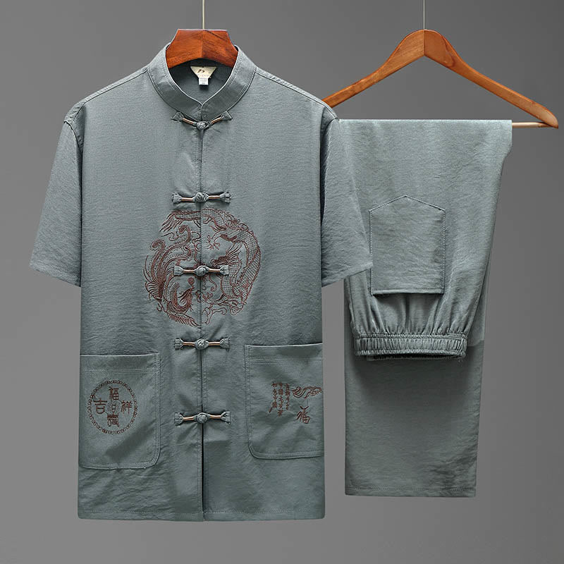 Buddha Stones Dragon Fu Character Tang Suit Camicia a maniche corte tradizionale Pantaloni a gamba larga Abbigliamento da uomo Set - Grigio (top e pantaloni) - US/UK/AU44, EU54 (4XL) - image 2