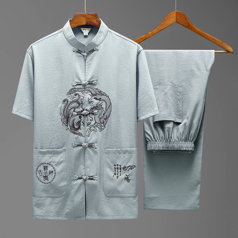 Buddha Stones Dragon Fu Character Tang Suit Camicia a maniche corte tradizionale Pantaloni a gamba larga Abbigliamento da uomo Set - Grigio chiaro (top e pantaloni) - US/UK/AU44, EU54 (4XL) - image 16
