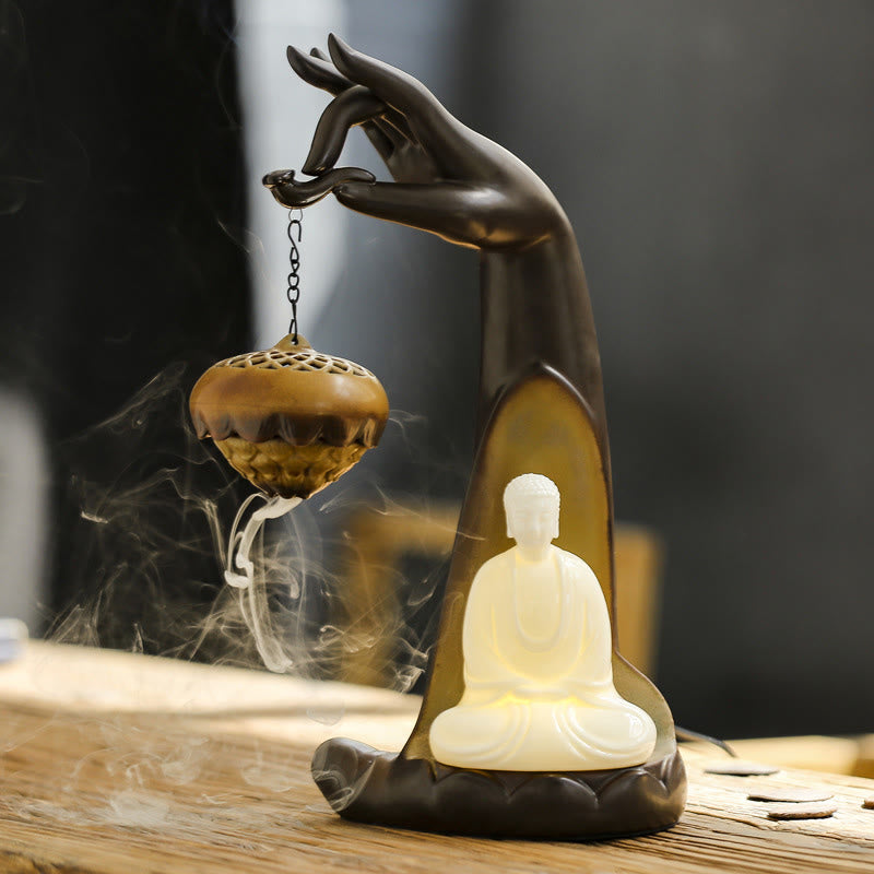 Buddha Stones a LED Buddha Hand Backflow Fumo Fontana Guarigione Bastoncino di Ceramica Bruciatore di Incenso Decorazione