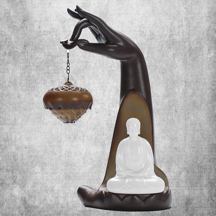 Buddha Stones a LED Buddha Hand Backflow Fumo Fontana Guarigione Bastoncino di Ceramica Bruciatore di Incenso Decorazione