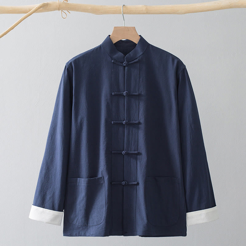Abito cinese Tang con bottoni a rana Buddha Stones , giacca da uomo in cotone e lino, stile Tang. - Camicia blu e bottone a forma di rana bianca - US/UK/AU44, EU54 (4XL) - image 5