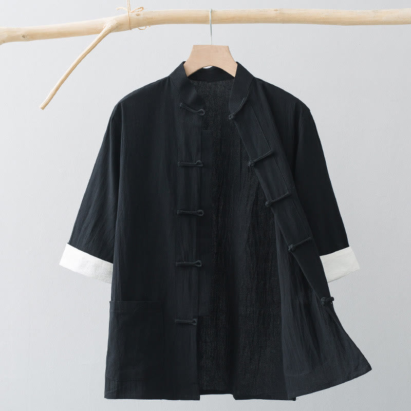 Camicia a maniche corte in cotone con bottoni a rana Buddha Stones, abito cinese Tang, abbigliamento da uomo con tasche - Nero - US/UK/AU44, EU54 (4XL) - image 11