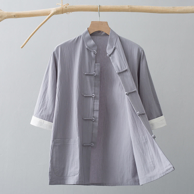 Camicia a maniche corte in cotone con bottoni a rana Buddha Stones, abito cinese Tang, abbigliamento da uomo con tasche - Grigio - US/UK/AU44, EU54 (4XL) - image 9