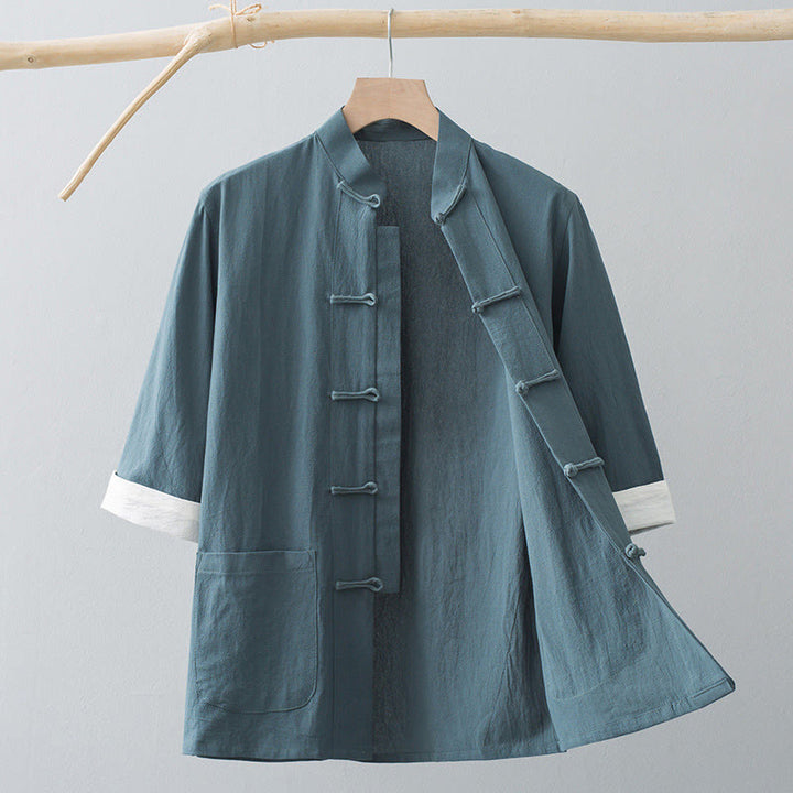 Camicia a maniche corte in cotone con bottoni a rana Buddha Stones, abito cinese Tang, abbigliamento da uomo con tasche - Grigio Verde - US/UK/AU44, EU54 (4XL) - image 1