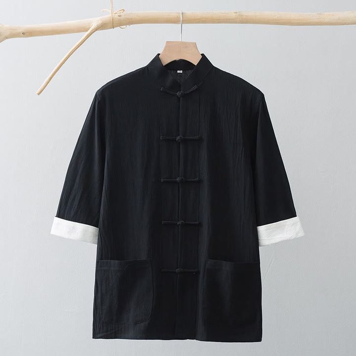Camicia a maniche corte in cotone con bottoni a rana Buddha Stones, abito cinese Tang, abbigliamento da uomo con tasche - image 12