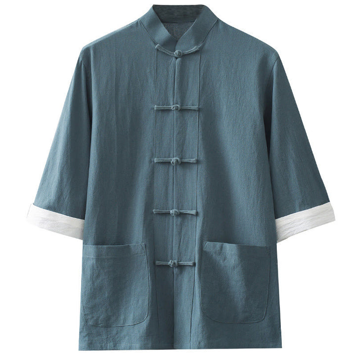 Camicia a maniche corte in cotone con bottoni a rana Buddha Stones, abito cinese Tang, abbigliamento da uomo con tasche - image 8