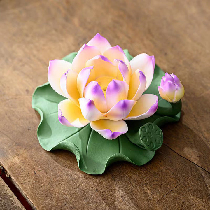 Buddha Stones, fiore di loto, foglia, baccello, guarigione spirituale, bruciatore di incenso in ceramica, decorazione - Bordo viola loto 10,5*4,7 cm - image 9