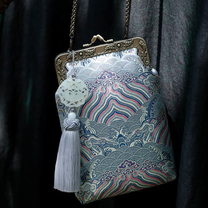 Borsa a tracolla con catena in metallo e onde blu dell'oceano, borsa a tracolla per cellulare, Buddha Stones