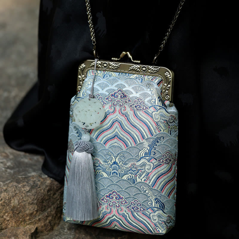 Borsa a tracolla con catena in metallo e onde blu dell'oceano, borsa a tracolla per cellulare, Buddha Stones