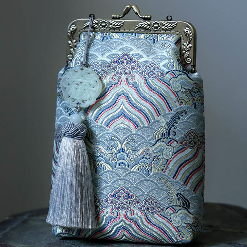 Borsa a tracolla con catena in metallo e onde blu dell'oceano, borsa a tracolla per cellulare, Buddha Stones