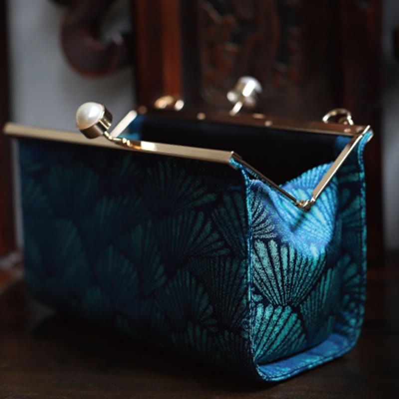 Borsa a mano in metallo perlato con motivo a foglia blu pavone vintage Buddha Stones