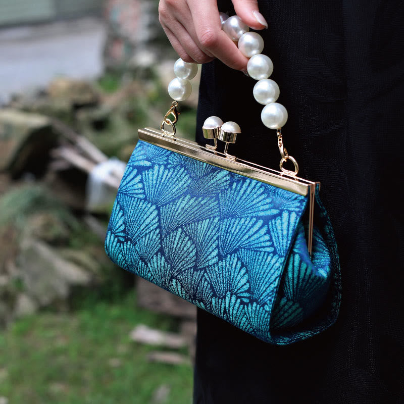 Borsa a mano in metallo perlato con motivo a foglia blu pavone vintage Buddha Stones