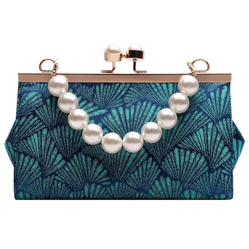 Borsa a mano in metallo perlato con motivo a foglia blu pavone vintage Buddha Stones