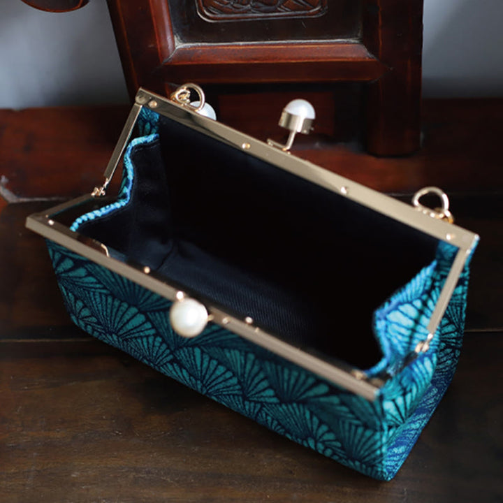 Borsa a mano in metallo perlato con motivo a foglia blu pavone vintage Buddha Stones