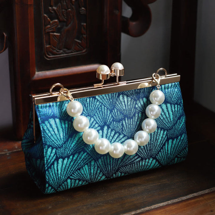 Borsa a mano in metallo perlato con motivo a foglia blu pavone vintage Buddha Stones