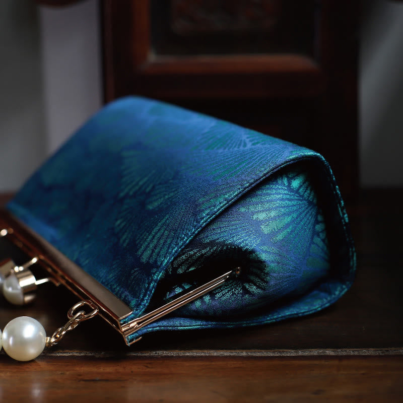 Borsa a mano in metallo perlato con motivo a foglia blu pavone vintage Buddha Stones