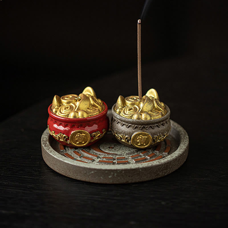 Buddha Stones Piccola ciotola del tesoro Sacchetto fortunato Vassoio Bagua Bastoncino di ceramica curativo Bruciatore di incenso Decorazione