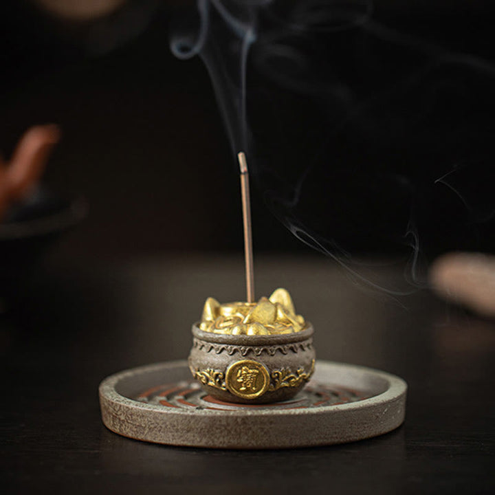 Buddha Stones Piccola ciotola del tesoro Sacchetto fortunato Vassoio Bagua Bastoncino di ceramica curativo Bruciatore di incenso Decorazione