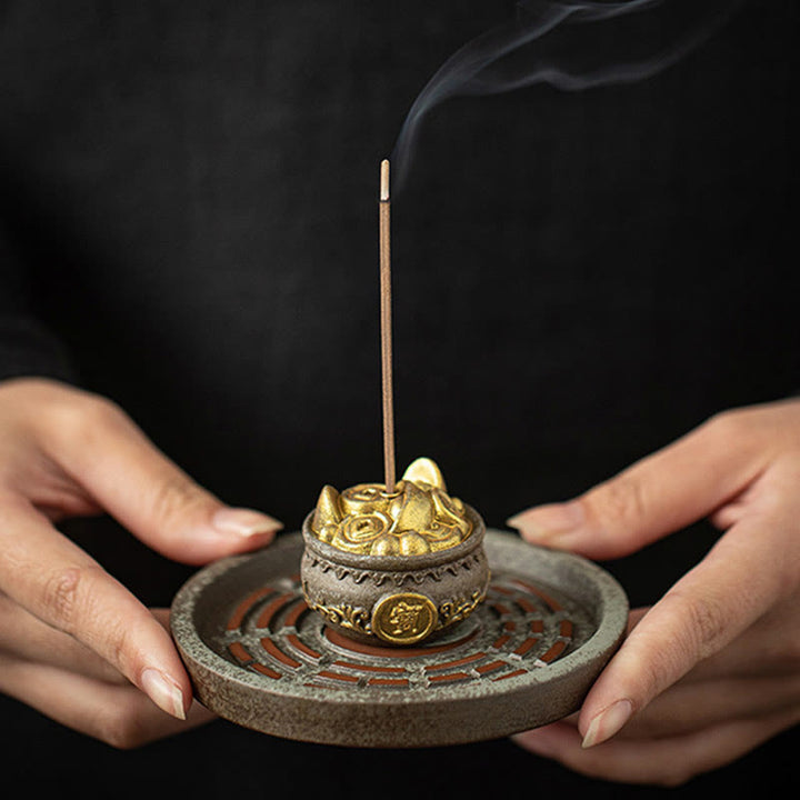 Buddha Stones Piccola ciotola del tesoro Sacchetto fortunato Vassoio Bagua Bastoncino di ceramica curativo Bruciatore di incenso Decorazione