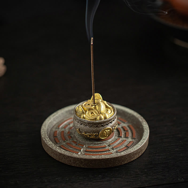 Buddha Stones Piccola ciotola del tesoro Sacchetto fortunato Vassoio Bagua Bastoncino di ceramica curativo Bruciatore di incenso Decorazione