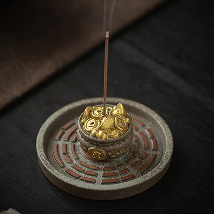 Buddha Stones Piccola ciotola del tesoro Sacchetto fortunato Vassoio Bagua Bastoncino di ceramica curativo Bruciatore di incenso Decorazione