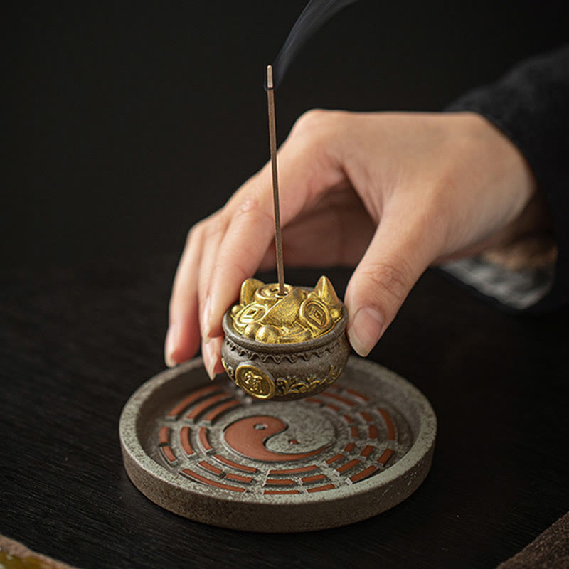 Buddha Stones Piccola ciotola del tesoro Sacchetto fortunato Vassoio Bagua Bastoncino di ceramica curativo Bruciatore di incenso Decorazione