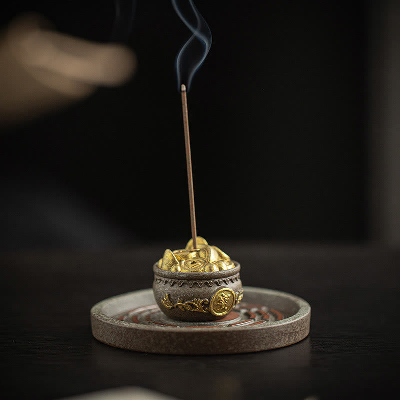 Buddha Stones Piccola ciotola del tesoro Sacchetto fortunato Vassoio Bagua Bastoncino di ceramica curativo Bruciatore di incenso Decorazione