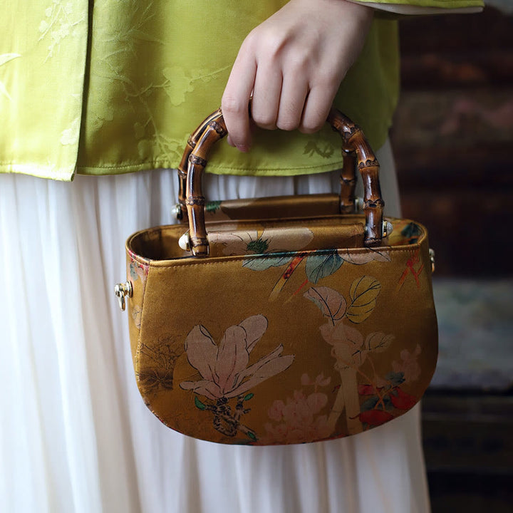 Borsa a tracolla con cerniera in metallo con catena di metallo, motivo : Buddha Stones, vintage, fiore, peonia