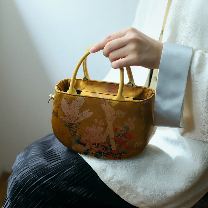 Borsa a tracolla con cerniera in metallo con catena di metallo, motivo : Buddha Stones, vintage, fiore, peonia