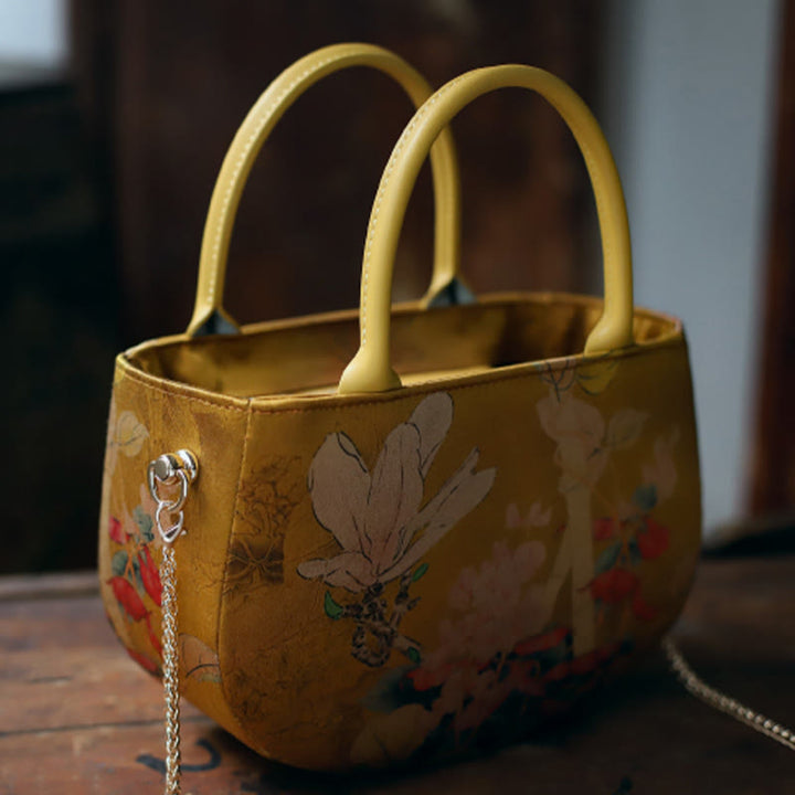 Borsa a tracolla con cerniera in metallo con catena di metallo, motivo : Buddha Stones, vintage, fiore, peonia