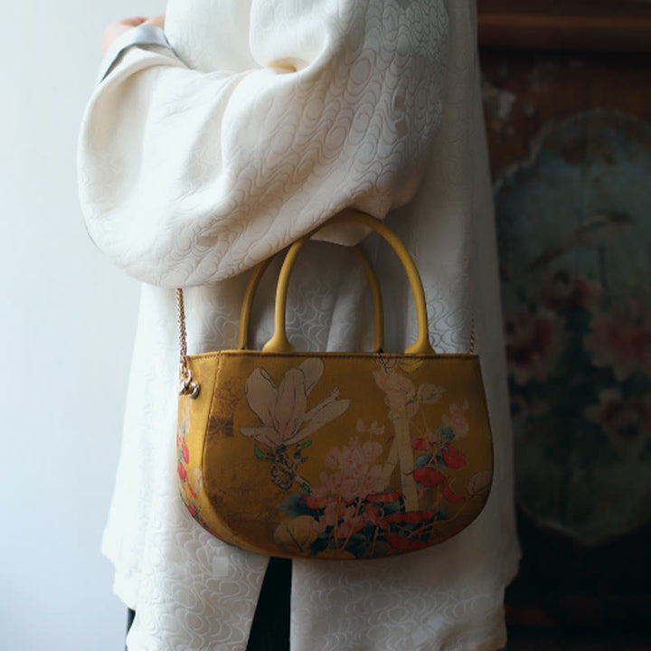 Borsa a tracolla con cerniera in metallo con catena di metallo, motivo : Buddha Stones, vintage, fiore, peonia