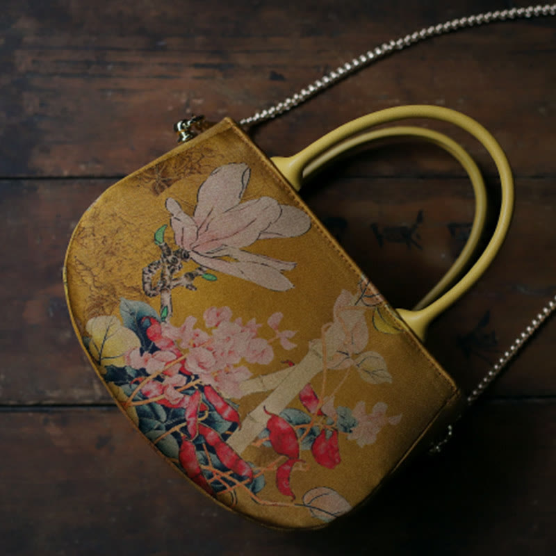 Borsa a tracolla con cerniera in metallo con catena di metallo, motivo : Buddha Stones, vintage, fiore, peonia