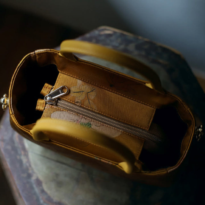 Borsa a tracolla con cerniera in metallo con catena di metallo, motivo : Buddha Stones, vintage, fiore, peonia