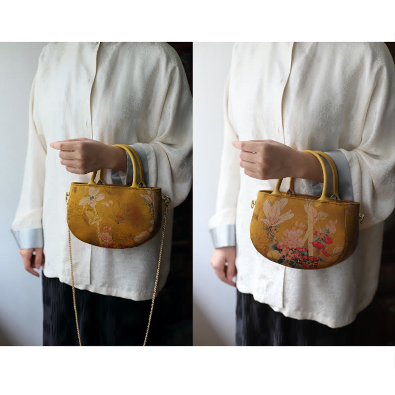 Borsa a tracolla con cerniera in metallo con catena di metallo, motivo : Buddha Stones, vintage, fiore, peonia