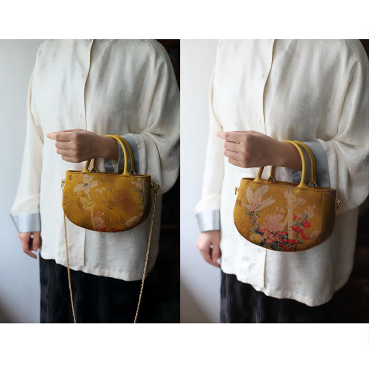 Borsa a tracolla con cerniera in metallo con catena di metallo, motivo : Buddha Stones, vintage, fiore, peonia