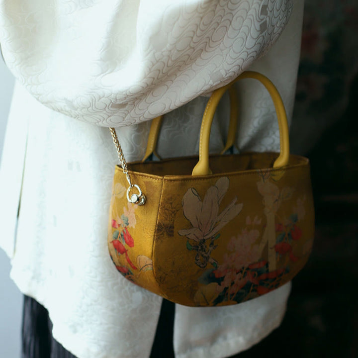 Borsa a tracolla con cerniera in metallo con catena di metallo, motivo : Buddha Stones, vintage, fiore, peonia