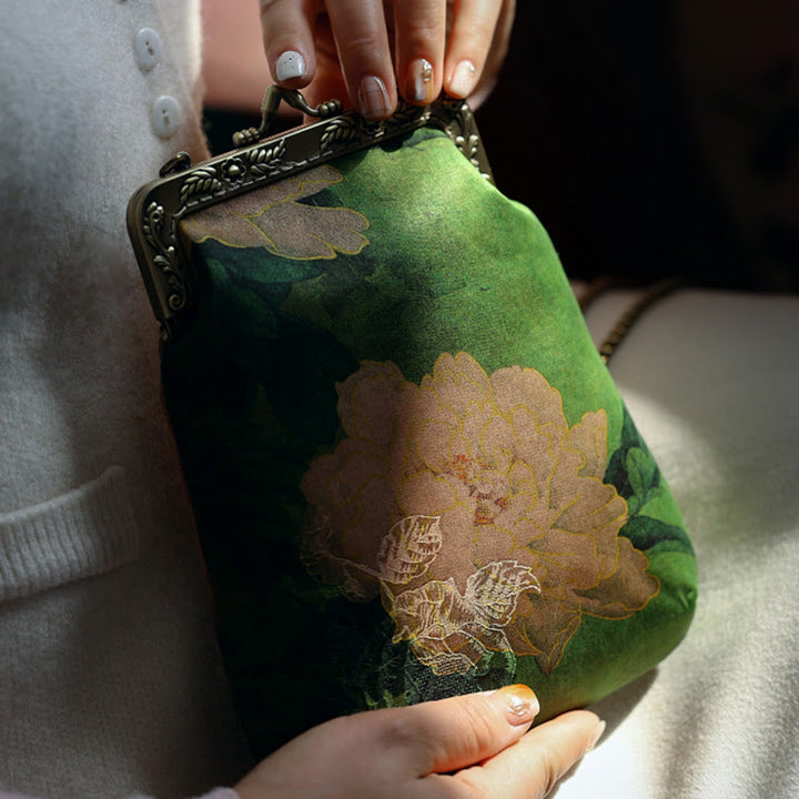 Borsa a tracolla con catena in metallo a farfalla, piccola peonia verde, Buddha Stones, borsa a tracolla per cellulare