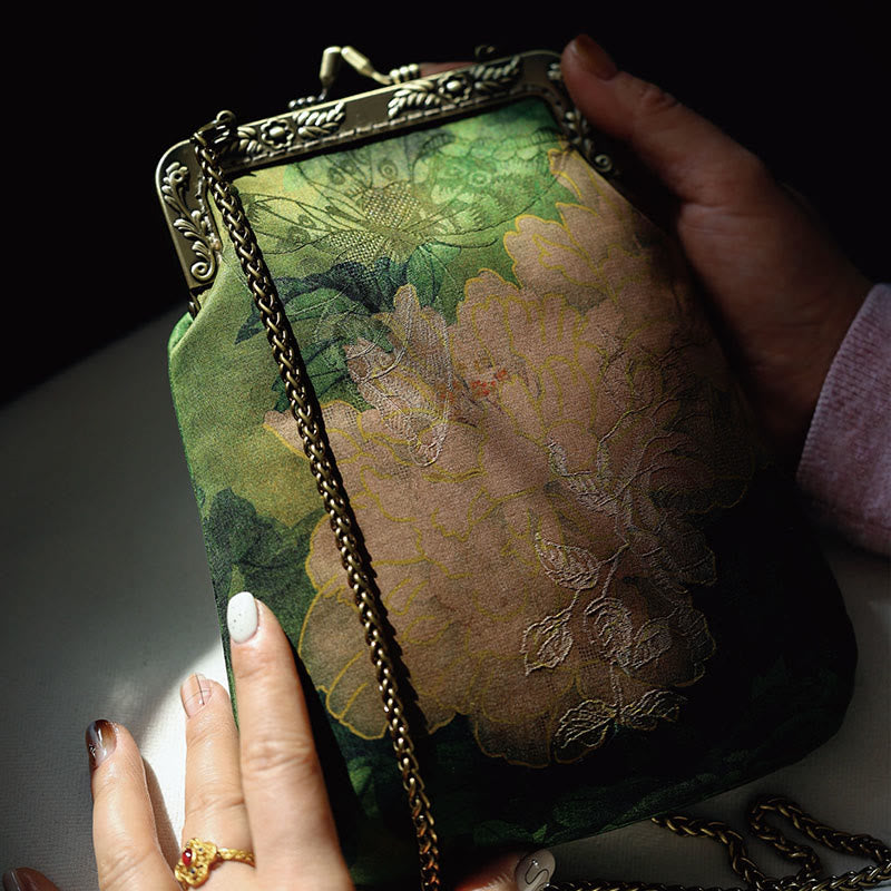 Borsa a tracolla con catena in metallo a farfalla, piccola peonia verde, Buddha Stones, borsa a tracolla per cellulare