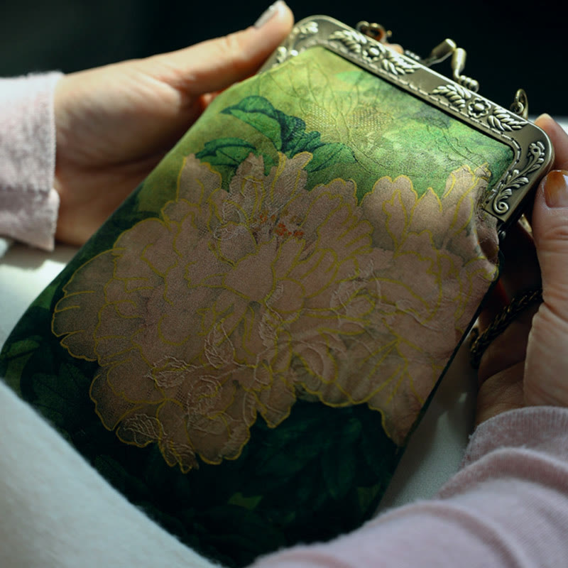 Borsa a tracolla con catena in metallo a farfalla, piccola peonia verde, Buddha Stones, borsa a tracolla per cellulare