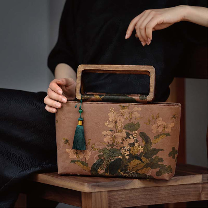Buddha Stones Vintage Marrone Fiori Foglie di bambù verde Manici in legno Borsa a mano con cerniera